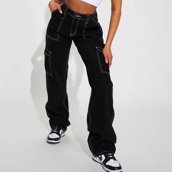 Honey Peace Pants - Honey Peace cargo carpenter jeans black and white contrast size large